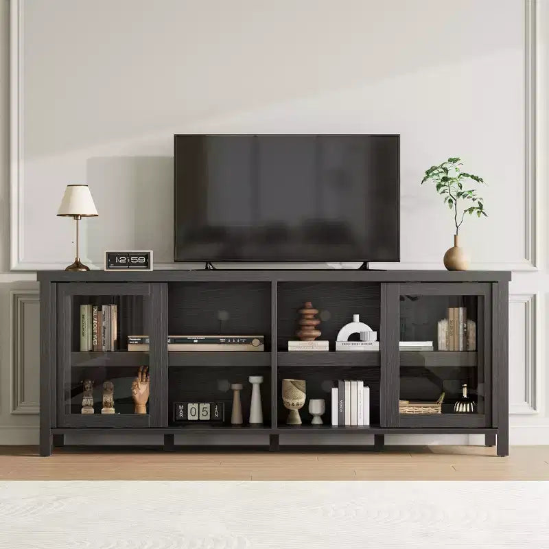 Meuble TV Garvee pour 65 pouces, meuble de divertissement avec armoire de rangement et 4 portes coulissantes en verre, console pour salon chambre à coucher