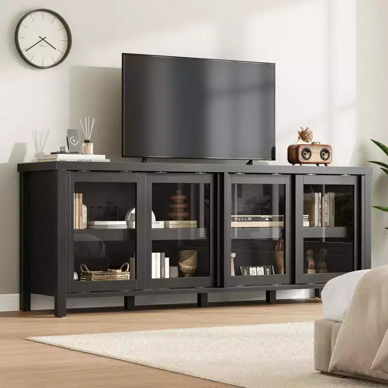 Meuble TV Garvee pour 65 pouces, meuble de divertissement avec armoire de rangement et 4 portes coulissantes en verre, console pour salon chambre à coucher