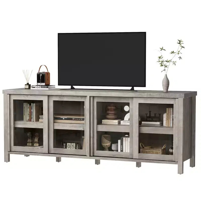 Meuble TV Garvee pour 65 pouces, meuble de divertissement avec armoire de rangement et 4 portes coulissantes en verre, console pour salon chambre à coucher