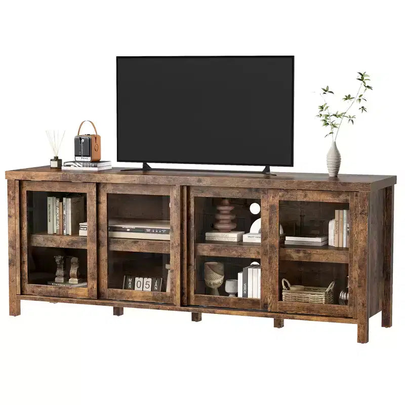 Meuble TV Garvee pour 65 pouces, meuble de divertissement avec armoire de rangement et 4 portes coulissantes en verre, console pour salon chambre à coucher