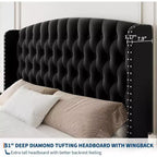 Cadre de lit Queen Size en velours crème Acekool 51 - Tête de lit à oreilles, capitonnage profond, pas besoin de sommier, montage facile