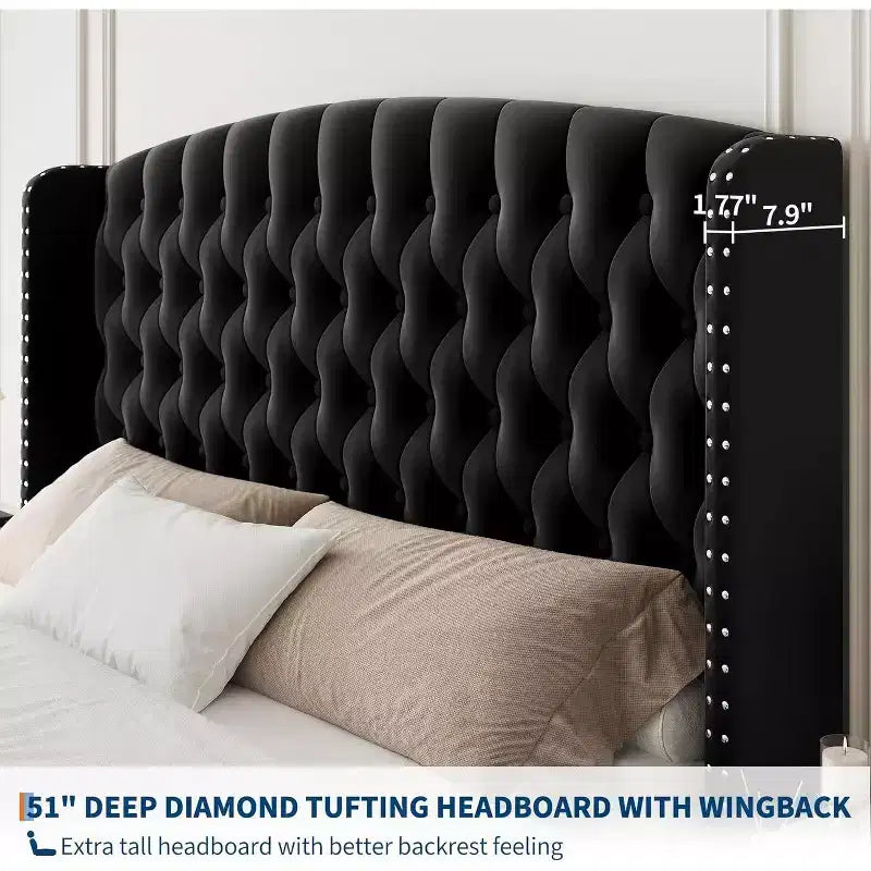 Cadre de lit Queen Size en velours crème Acekool 51 - Tête de lit à oreilles, capitonnage profond, pas besoin de sommier, montage facile