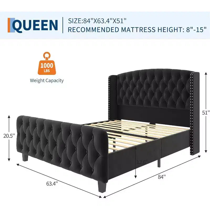 Cadre de lit Queen Size en velours crème Acekool 51 - Tête de lit à oreilles, capitonnage profond, pas besoin de sommier, montage facile