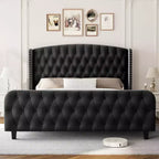 Cadre de lit Queen Size en velours crème Acekool 51 - Tête de lit à oreilles, capitonnage profond, pas besoin de sommier, montage facile