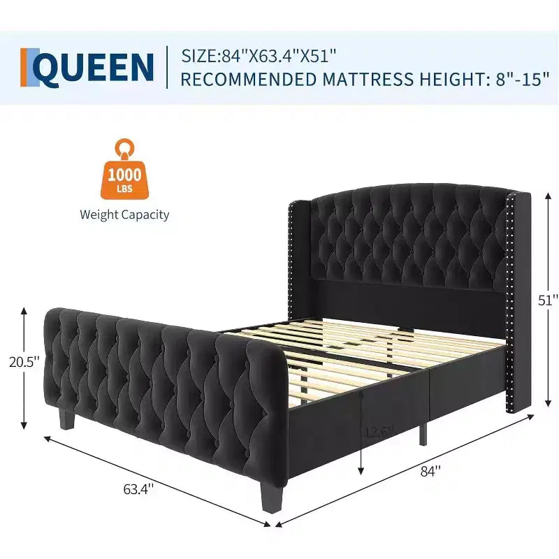 Cadre de lit Queen Size en velours crème Acekool 51 - Tête de lit à oreilles, capitonnage profond, pas besoin de sommier, montage facile