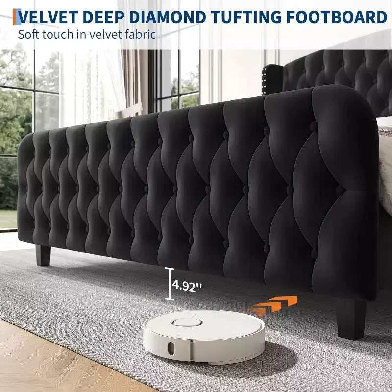 Cadre de lit Queen Size en velours crème Acekool 51 - Tête de lit à oreilles, capitonnage profond, pas besoin de sommier, montage facile