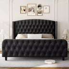 Cadre de lit Queen Size en velours crème Acekool 51 - Tête de lit à oreilles, capitonnage profond, pas besoin de sommier, montage facile
