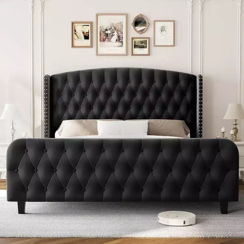 Cadre de lit Queen Size en velours crème Acekool 51 - Tête de lit à oreilles, capitonnage profond, pas besoin de sommier, montage facile
