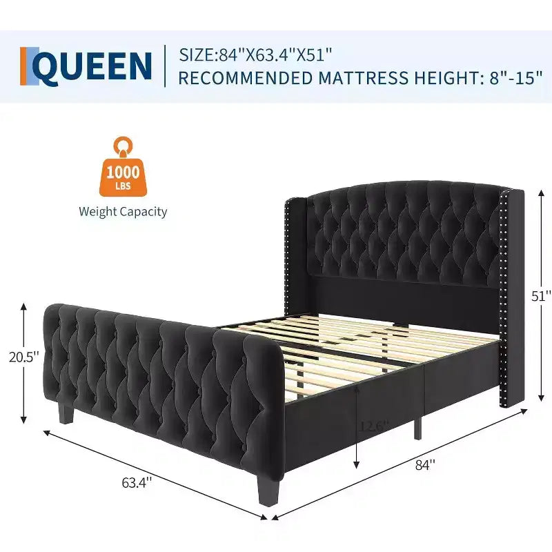 Cadre de lit Queen Size en velours crème Acekool 51 - Tête de lit à oreilles, capitonnage profond, pas besoin de sommier, montage facile