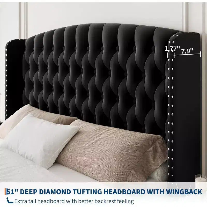 Cadre de lit Queen Size en velours crème Acekool 51 - Tête de lit à oreilles, capitonnage profond, pas besoin de sommier, montage facile