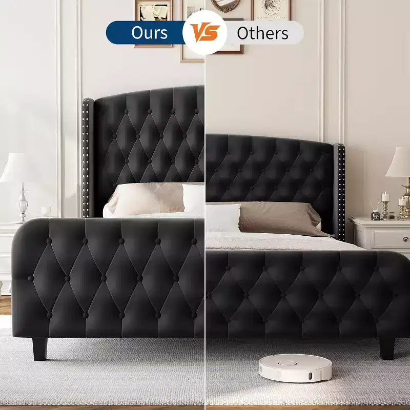 Cadre de lit Queen Size en velours crème Acekool 51 - Tête de lit à oreilles, capitonnage profond, pas besoin de sommier, montage facile