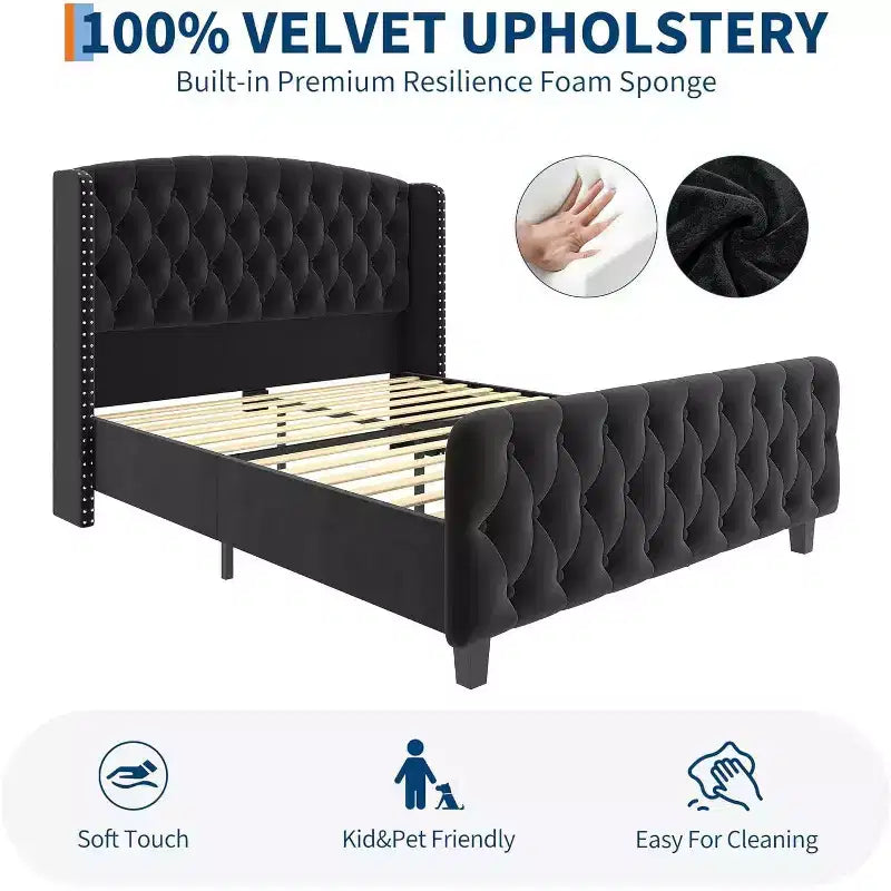 Cadre de lit Queen Size en velours crème Acekool 51 - Tête de lit à oreilles, capitonnage profond, pas besoin de sommier, montage facile