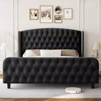 Cadre de lit Queen Size en velours crème Acekool 51 - Tête de lit à oreilles, capitonnage profond, pas besoin de sommier, montage facile