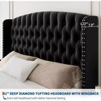 Cadre de lit Queen Size en velours crème Acekool 51 - Tête de lit à oreilles, capitonnage profond, pas besoin de sommier, montage facile