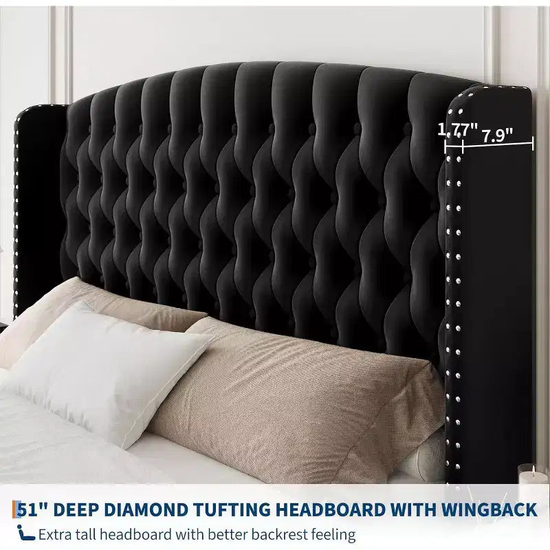 Cadre de lit Queen Size en velours crème Acekool 51 - Tête de lit à oreilles, capitonnage profond, pas besoin de sommier, montage facile
