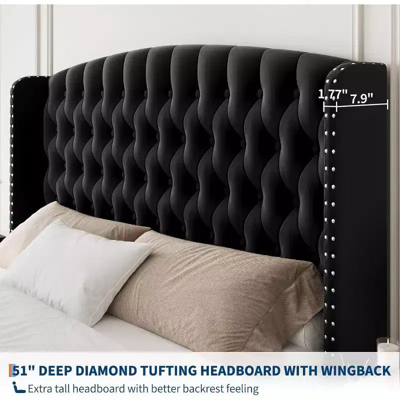 Cadre de lit Queen Size en velours crème Acekool 51 - Tête de lit à oreilles, capitonnage profond, pas besoin de sommier, montage facile