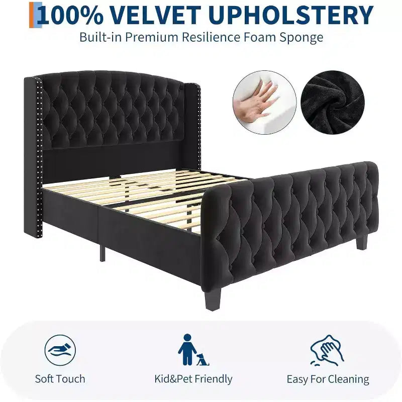 Cadre de lit Queen Size en velours crème Acekool 51 - Tête de lit à oreilles, capitonnage profond, pas besoin de sommier, montage facile