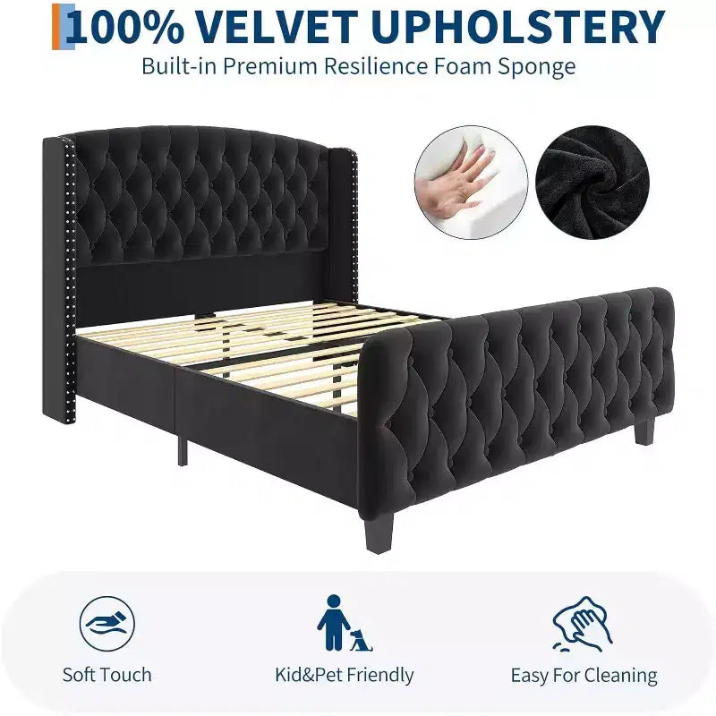 Cadre de lit Queen Size en velours crème Acekool 51 - Tête de lit à oreilles, capitonnage profond, pas besoin de sommier, montage facile