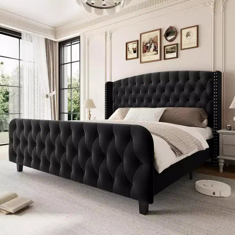 Cadre de lit Queen Size en velours crème Acekool 51 - Tête de lit à oreilles, capitonnage profond, pas besoin de sommier, montage facile
