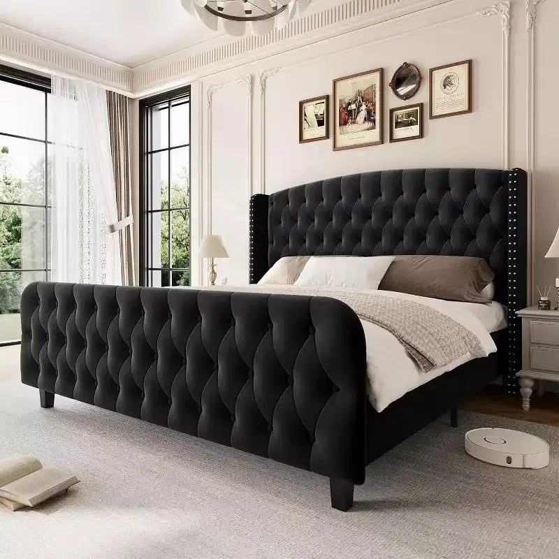 Cadre de lit Queen Size en velours crème Acekool 51 - Tête de lit à oreilles, capitonnage profond, pas besoin de sommier, montage facile