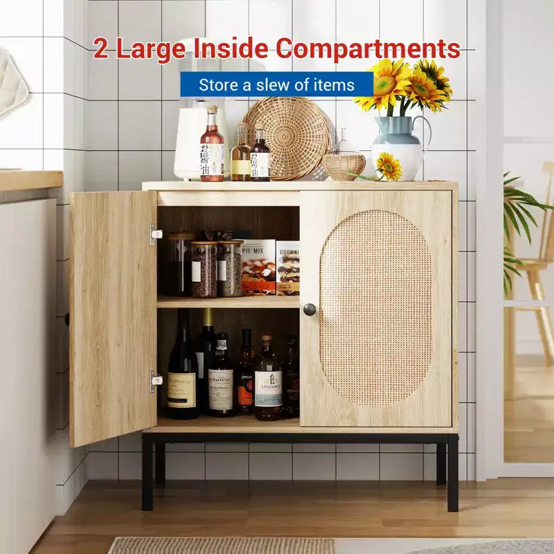 Buffet de cuisine de 80 cm, en rotin, avec étagères réglables, pour salon, salle à manger ou entrée
