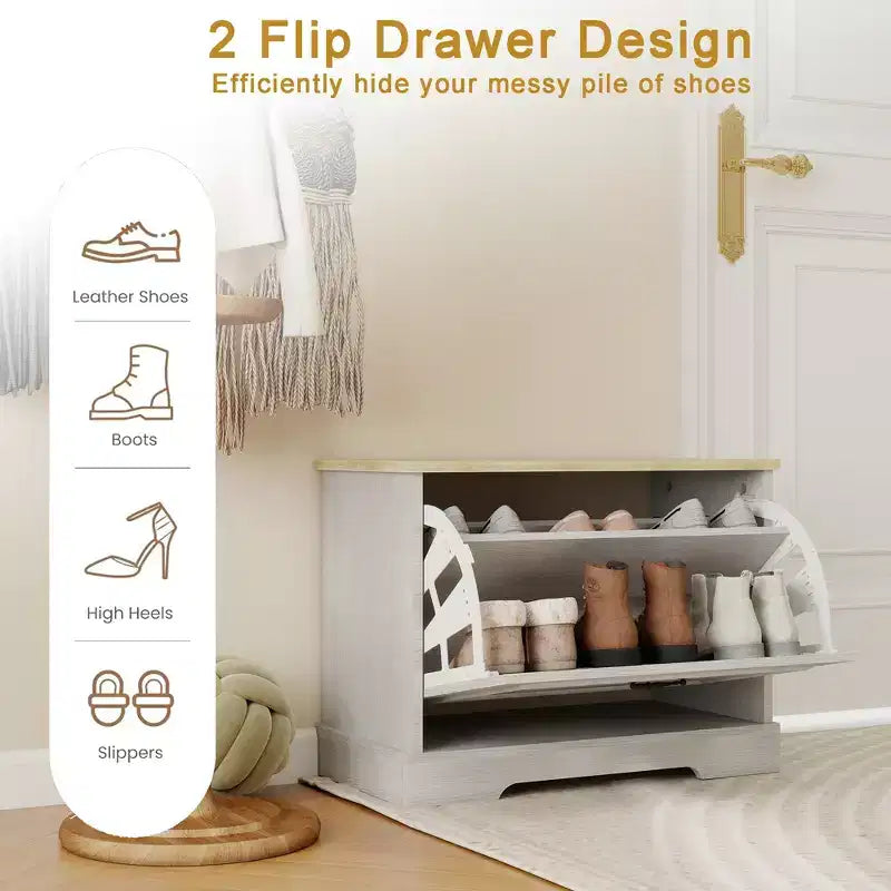 Meuble à chaussures AndMakers blanc antique de 45 cm (17,71 po) de hauteur sur 60 cm (23,62 po) de largeur, avec 1 tiroir basculant et une étagère réglable