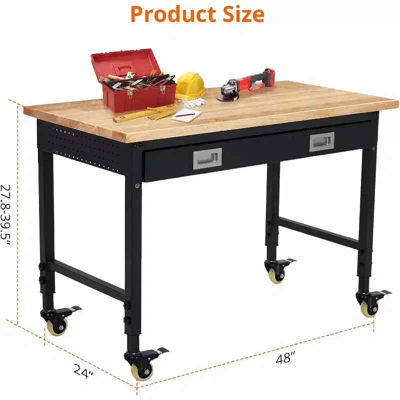Établi réglable en hauteur 48 x 24, établi robuste avec plateau en bois d'hévéa, rangement avec tiroirs et panneau perforé, capacité de charge de 900 kg, rangement d'outils