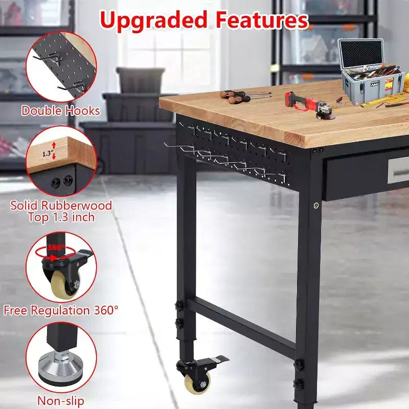 Établi réglable en hauteur 48 x 24, établi robuste avec plateau en bois d'hévéa, rangement avec tiroirs et panneau perforé, capacité de charge de 900 kg, rangement d'outils