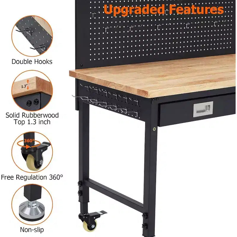 Établi réglable en hauteur 48 x 24, établi robuste avec plateau en bois d'hévéa, rangement avec tiroirs et panneau perforé, capacité de charge de 900 kg, rangement d'outils