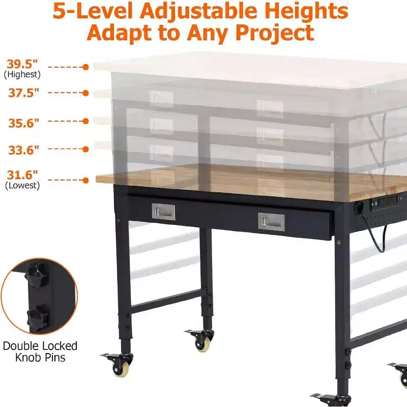 Établi réglable en hauteur 48 x 24, établi robuste avec plateau en bois d'hévéa, rangement avec tiroirs et panneau perforé, capacité de charge de 900 kg, rangement d'outils