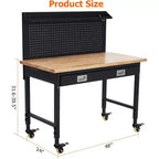 Établi réglable en hauteur 48 x 24, établi robuste avec plateau en bois d'hévéa, rangement avec tiroirs et panneau perforé, capacité de charge de 900 kg, rangement d'outils