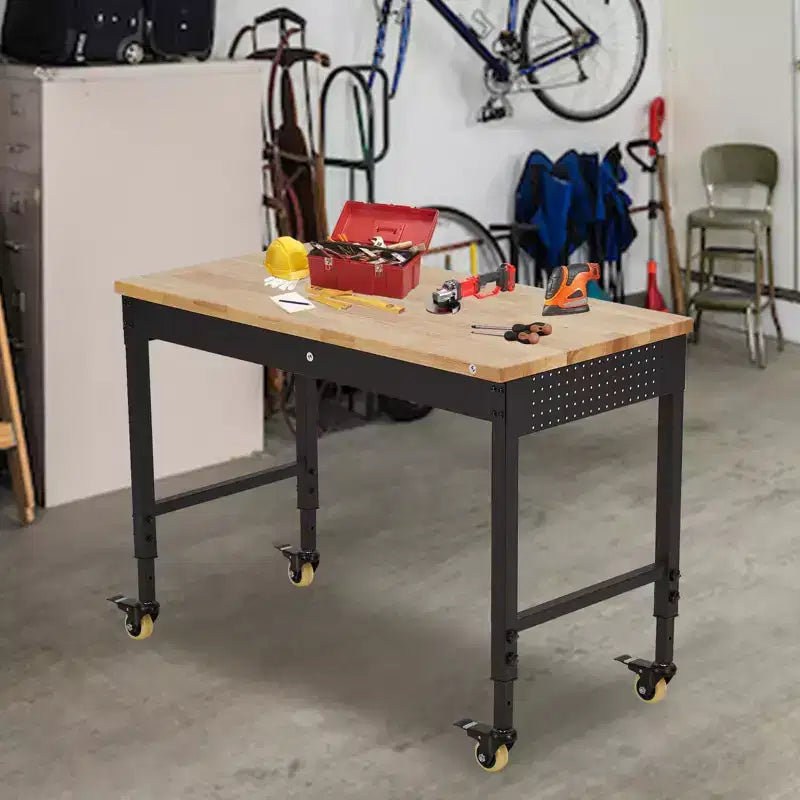 Établi réglable en hauteur 48 x 24, établi robuste avec plateau en bois d'hévéa, rangement avec tiroirs et panneau perforé, capacité de charge de 900 kg, rangement d'outils