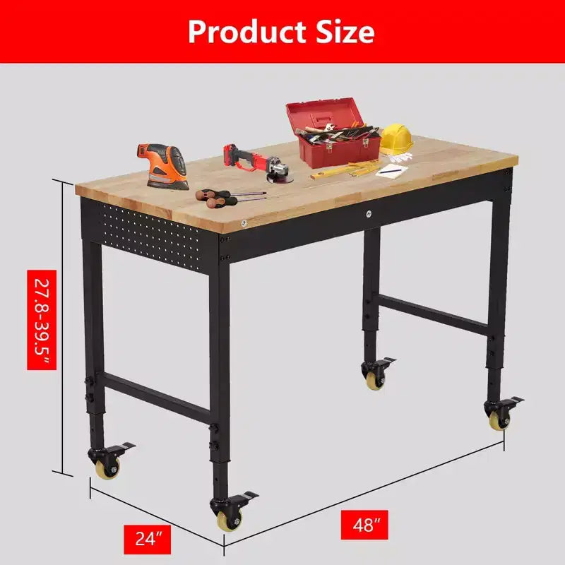 Établi réglable en hauteur 48 x 24, établi robuste avec plateau en bois d'hévéa, rangement avec tiroirs et panneau perforé, capacité de charge de 900 kg, rangement d'outils