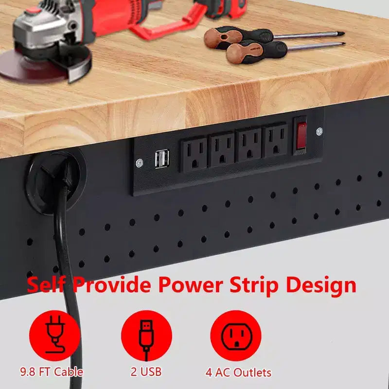 Établi réglable en hauteur 48 x 24, établi robuste avec plateau en bois d'hévéa, rangement avec tiroirs et panneau perforé, capacité de charge de 900 kg, rangement d'outils