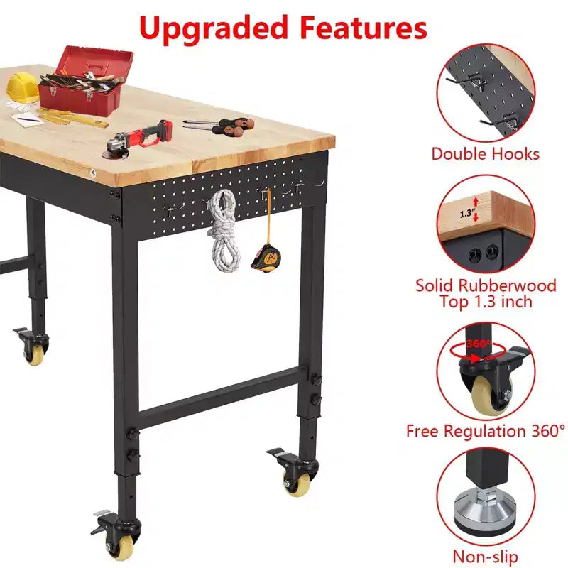 Établi réglable en hauteur 48 x 24, établi robuste avec plateau en bois d'hévéa, rangement avec tiroirs et panneau perforé, capacité de charge de 900 kg, rangement d'outils