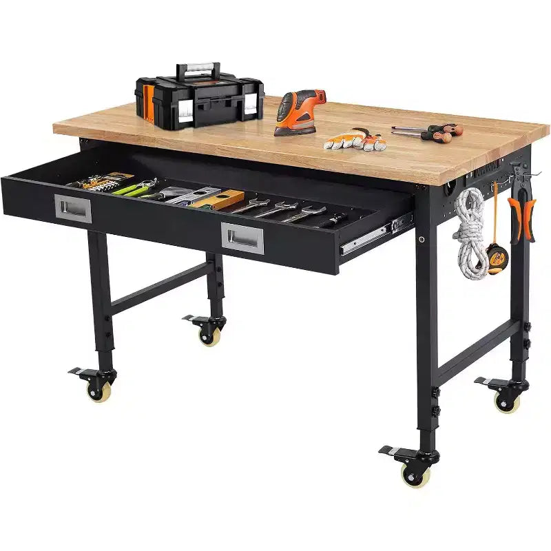 Établi réglable en hauteur 48 x 24, établi robuste avec plateau en bois d'hévéa, rangement avec tiroirs et panneau perforé, capacité de charge de 900 kg, rangement d'outils