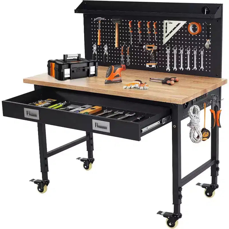 Établi réglable en hauteur 48 x 24, établi robuste avec plateau en bois d'hévéa, rangement avec tiroirs et panneau perforé, capacité de charge de 900 kg, rangement d'outils