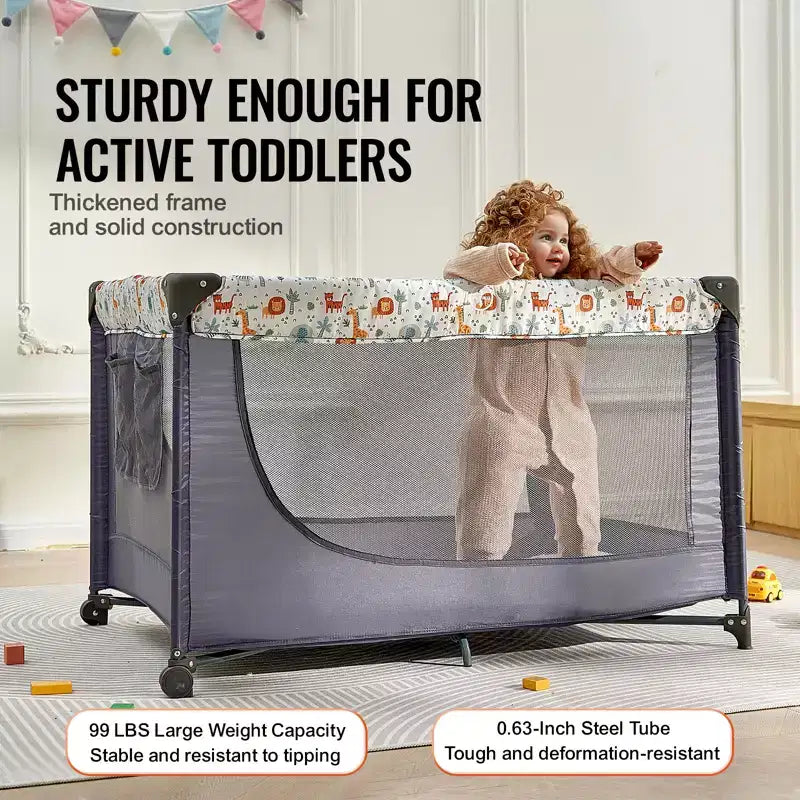 Parc pour bébé VEVOR, lit parapluie à pliage rapide pour bébé et tout-petit, parc portable pour bébé avec roues, maille respirante et sac de voyage, gris