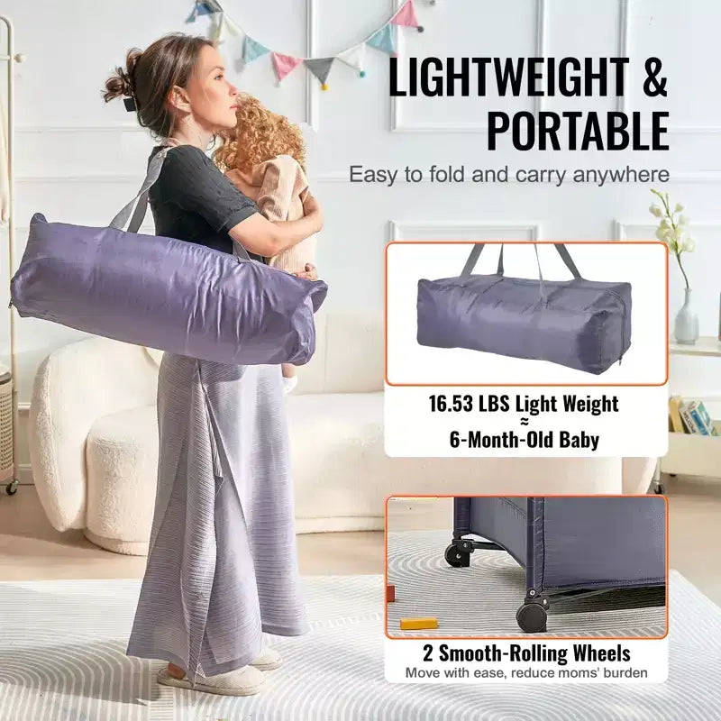 Parc pour bébé VEVOR, lit parapluie à pliage rapide pour bébé et tout-petit, parc portable pour bébé avec roues, maille respirante et sac de voyage, gris