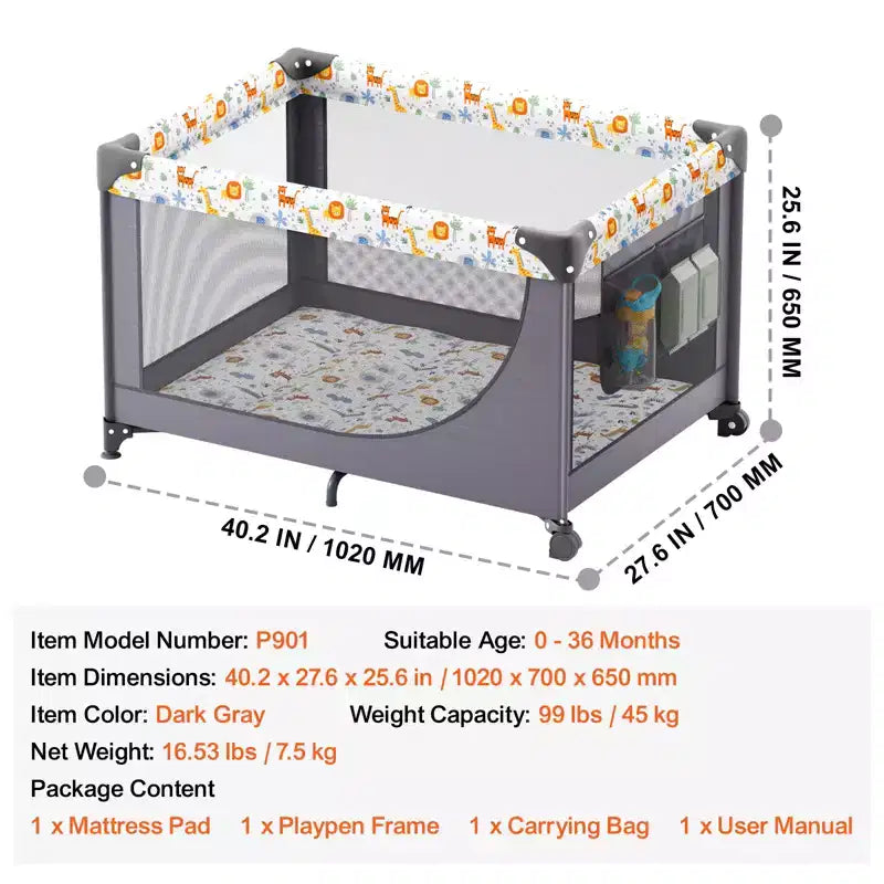 Parc pour bébé VEVOR, lit parapluie à pliage rapide pour bébé et tout-petit, parc portable pour bébé avec roues, maille respirante et sac de voyage, gris