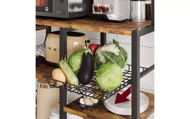 Étagère de Boulanger avec Prise de Courant, Étagère de Cuisine avec Panier en Fil, Support pour Micro-ondes avec Grandes Étagères de Rangement Ouvertes, Étagère de Rangement Autoportante à 6 Niveaux