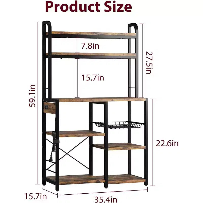 Étagère de Boulanger avec Prise de Courant, Étagère de Cuisine avec Panier en Fil, Support pour Micro-ondes avec Grandes Étagères de Rangement Ouvertes, Étagère de Rangement Autoportante à 6 Niveaux