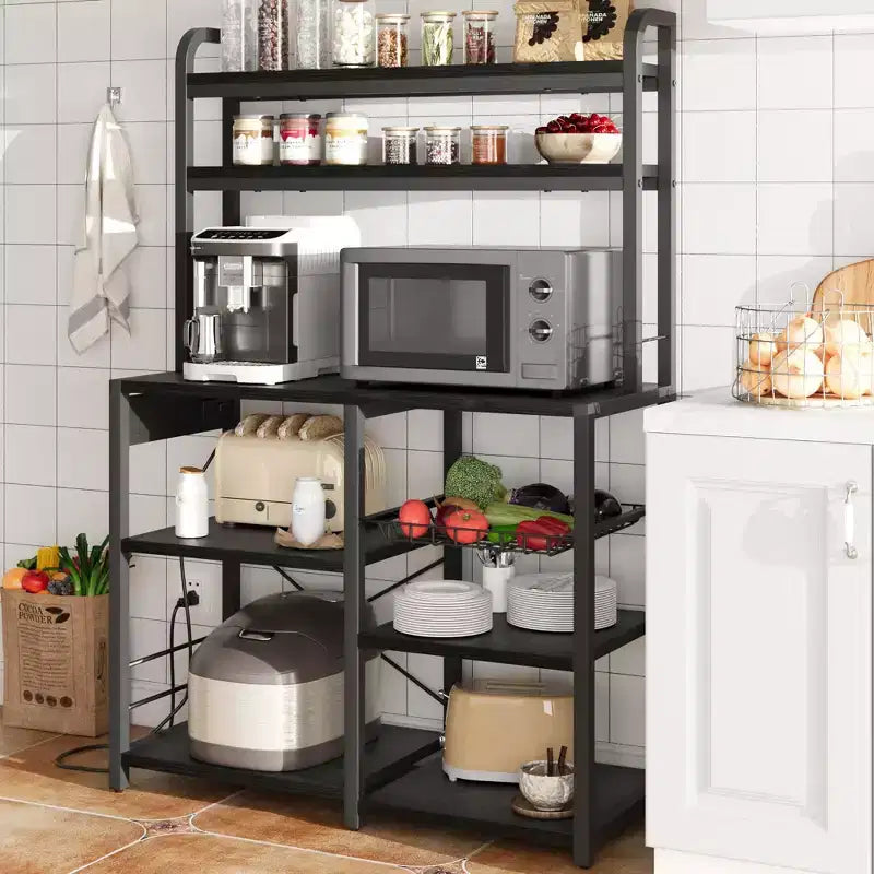 Étagère de Boulanger avec Prise de Courant, Étagère de Cuisine avec Panier en Fil, Support pour Micro-ondes avec Grandes Étagères de Rangement Ouvertes, Étagère de Rangement Autoportante à 6 Niveaux