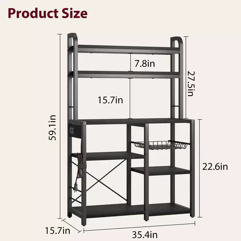 Étagère de Boulanger avec Prise de Courant, Étagère de Cuisine avec Panier en Fil, Support pour Micro-ondes avec Grandes Étagères de Rangement Ouvertes, Étagère de Rangement Autoportante à 6 Niveaux