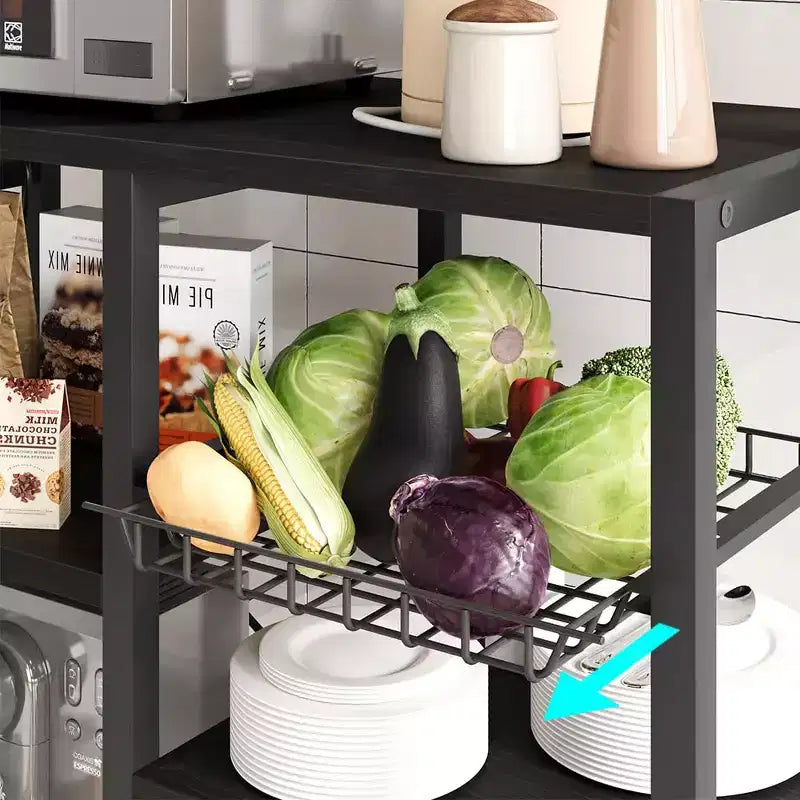 Étagère de Boulanger avec Prise de Courant, Étagère de Cuisine avec Panier en Fil, Support pour Micro-ondes avec Grandes Étagères de Rangement Ouvertes, Étagère de Rangement Autoportante à 6 Niveaux