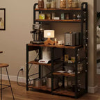 Étagère de Boulanger avec Prise de Courant, Étagère de Cuisine avec Panier en Fil, Support pour Micro-ondes avec Grandes Étagères de Rangement Ouvertes, Étagère de Rangement Autoportante à 6 Niveaux
