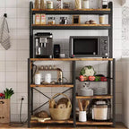 Étagère de Boulanger avec Prise de Courant, Étagère de Cuisine avec Panier en Fil, Support pour Micro-ondes avec Grandes Étagères de Rangement Ouvertes, Étagère de Rangement Autoportante à 6 Niveaux