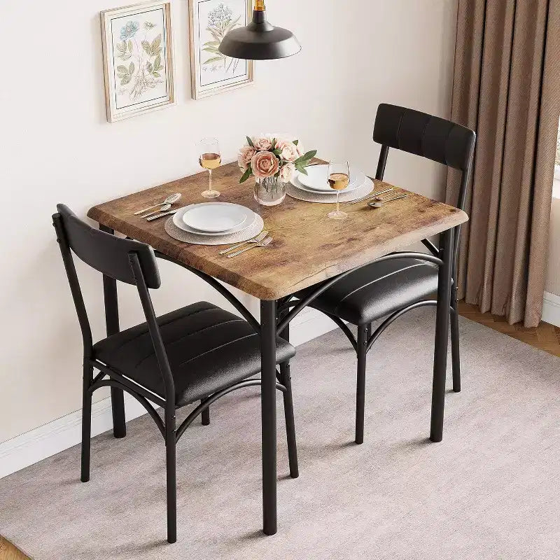 Ensemble de salle à manger carré rustique moderne, table 74,2 cm L x 76,5 cm H, chaises 85,6 cm x 46,7 cm x 43,2 cm, 2 personnes, métal et MDF, montage facile, peu encombrant