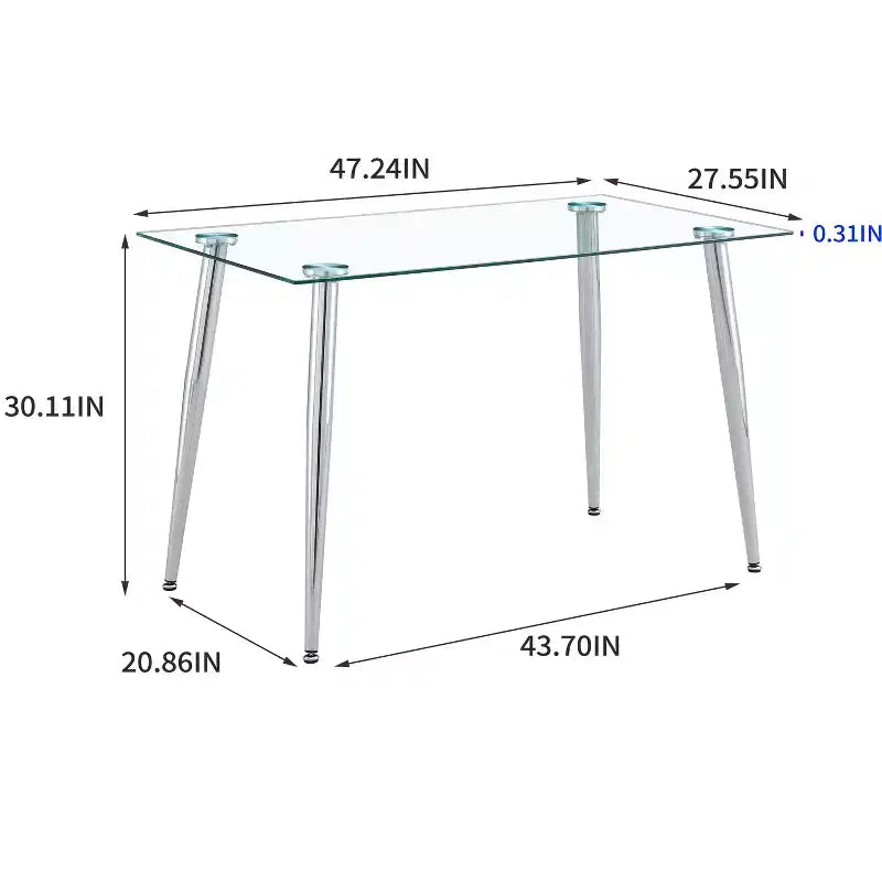 Table de salle à manger Okak pour petit espace, table de salle à manger rectangulaire contemporaine en verre trempé avec pieds en métal pour 4 personnes