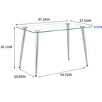 Table de salle à manger Okak pour petit espace, table de salle à manger rectangulaire contemporaine en verre trempé avec pieds en métal pour 4 personnes